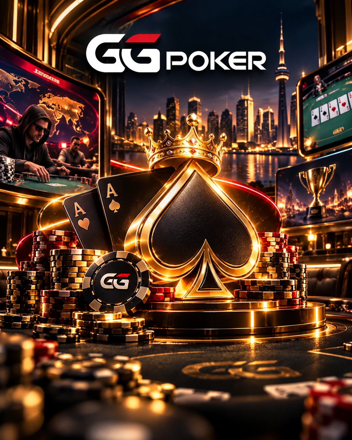 GGPoker brand identity with a gold spade, poker chips, playing cards, trophies and a premium casino atmosphere.