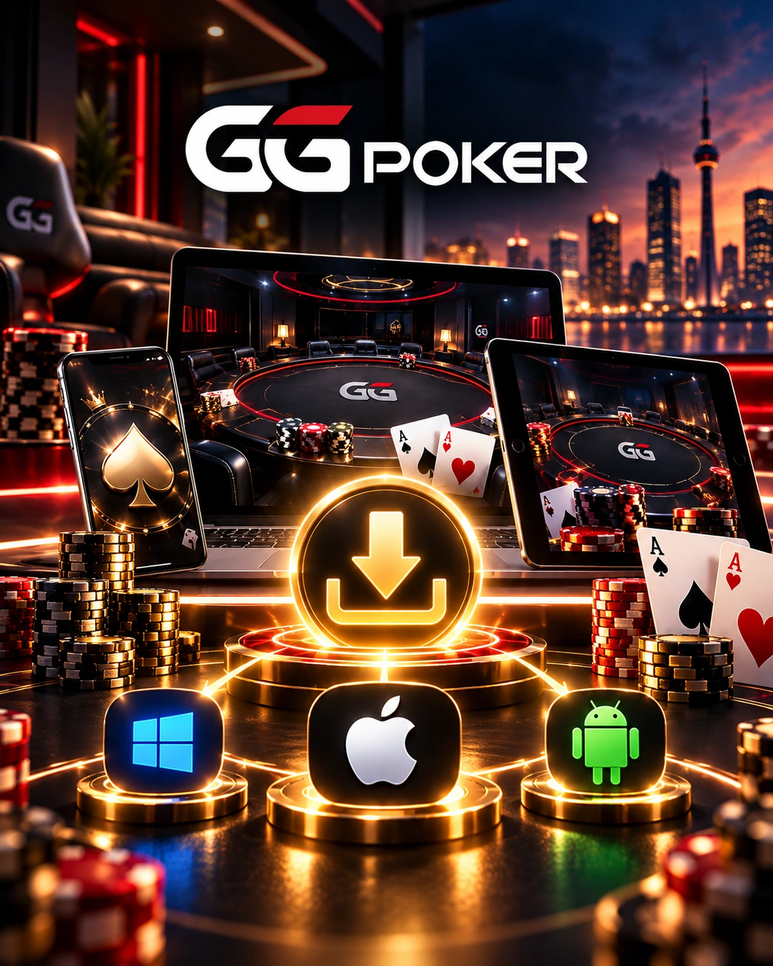 GGPoker download banner with desktop, mobile and tablet devices, poker tables and a glowing download icon.