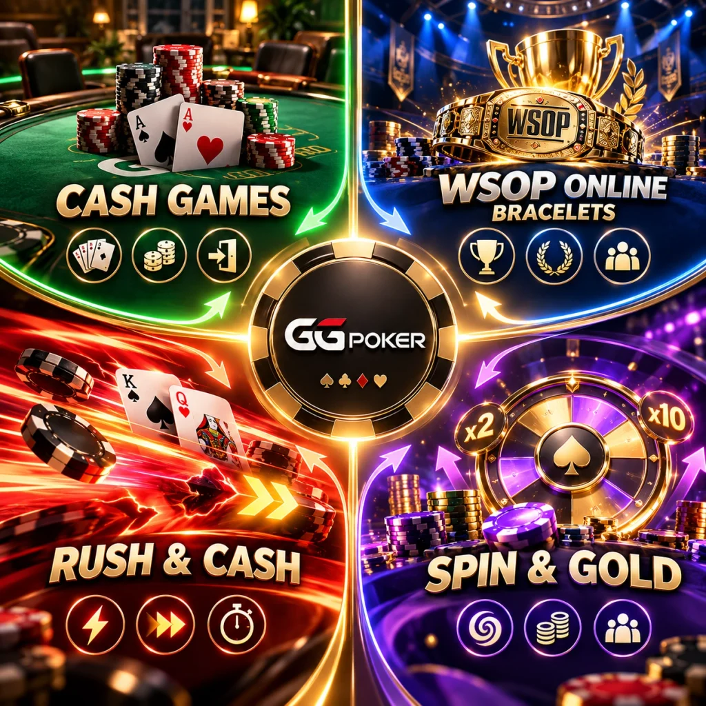 GGPoker Ontario poker formats including Cash Games, WSOP Online, Rush & Cash and Spin & Gold.