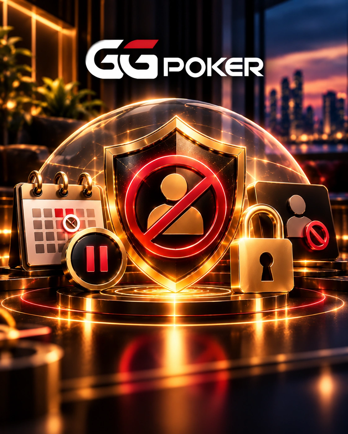 GGPoker Ontario self-exclusion with a protective shield, restriction calendar, pause timer and account lock.